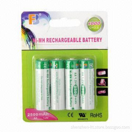 Rechargeable AA NiMH Batteries with 2,500mAh Nominal Capacity and 1.2V Nominal Voltage